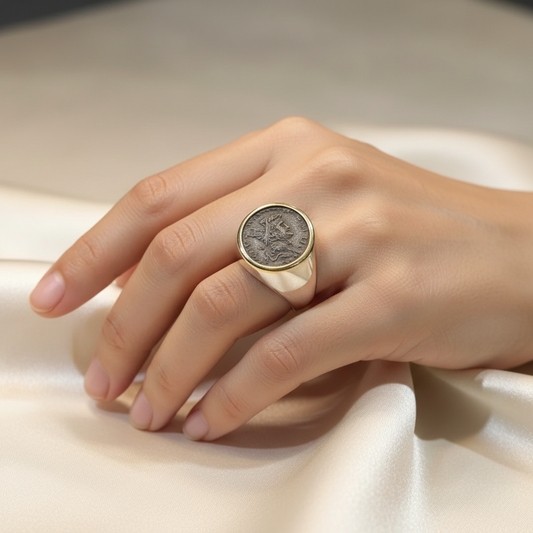 Gold and silver ring with an old copper coin Greek Roman, Handmade Ring, Vintage Jewelry, Greek Jewelry (B-86)