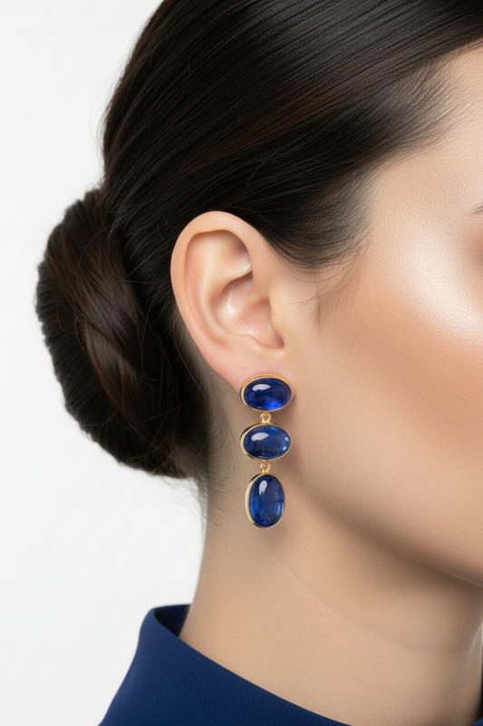 Kyanite oval cabochon stones and 18k gold earrings, one of a kind, Fine earrings, Handmade earrings, Greek Jewelry - Dinos Virginia Jewelry