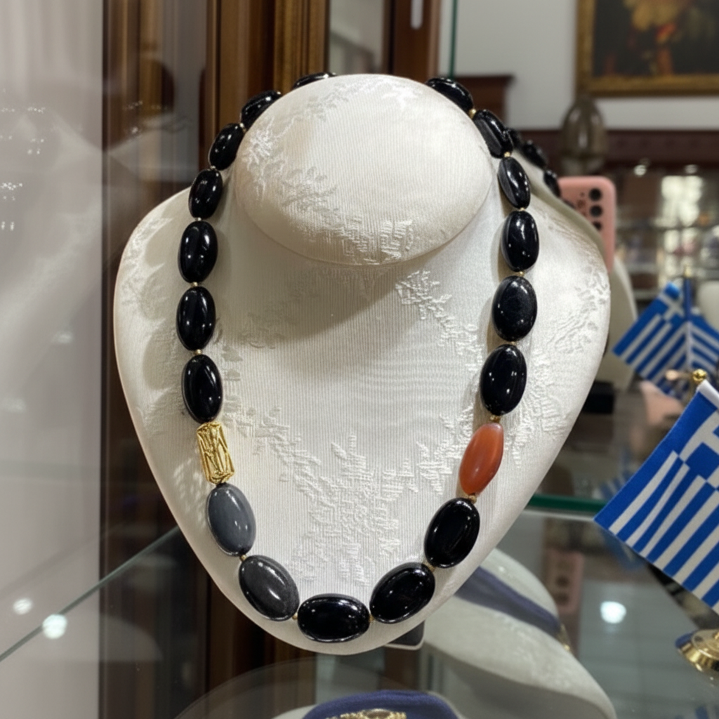 Necklace in Obsidian & Carnelian gemstones with 18k gold elements (PE-59)