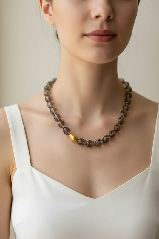 Necklace in Smoke Topaz Gemstones & gold 18k elements - Dinos-Virginia