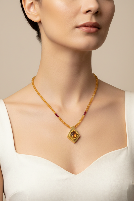 Necklace with Citrine, rubies and Citrine medallion in 18k gold - Dinos Virginia Jewelry