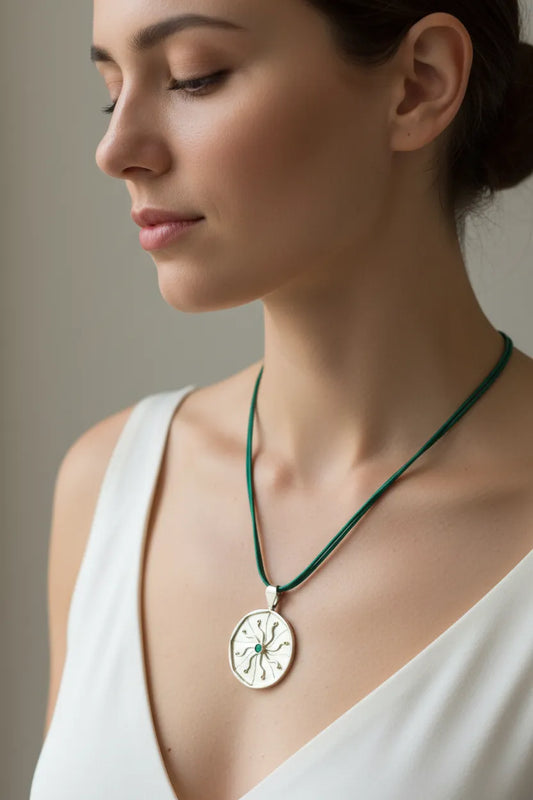 Pendant in Sterling Silver and 14k Gold with a green round stone