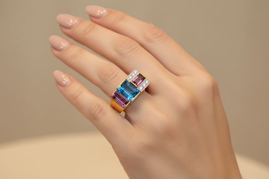 Ring in 18k Gold with Bleu Topaz 35c Tourmalines 35c and Brilliants 0.05 c. (B-72)