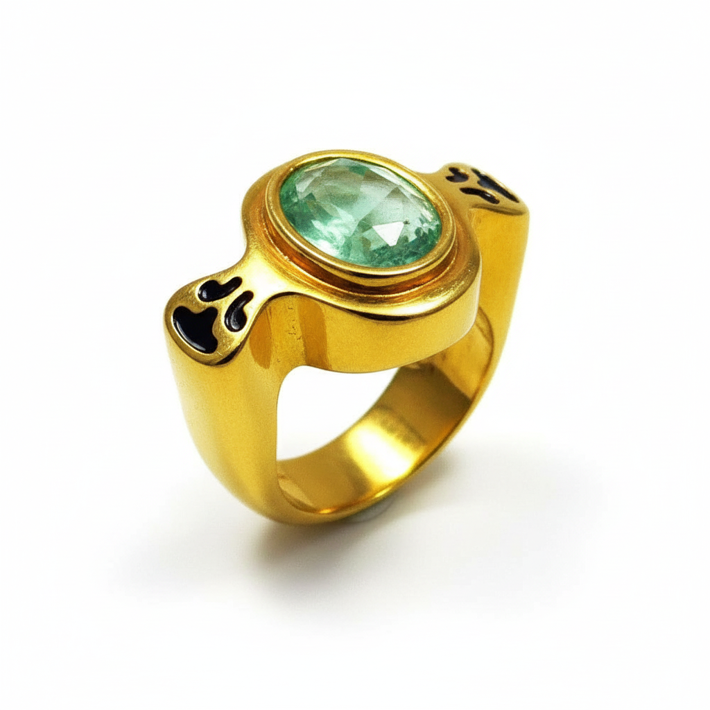Gold ring with a green gemstone on a white background