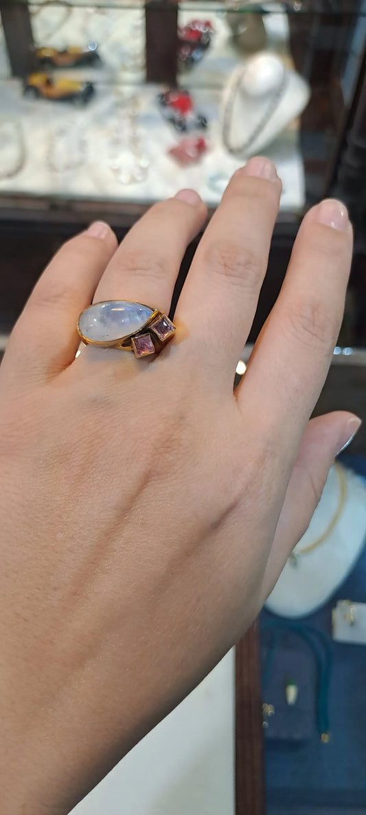 Ring in 18k Gold with Moonstone and Pink Tourmalines (B-38) - Dinos-Virginia
