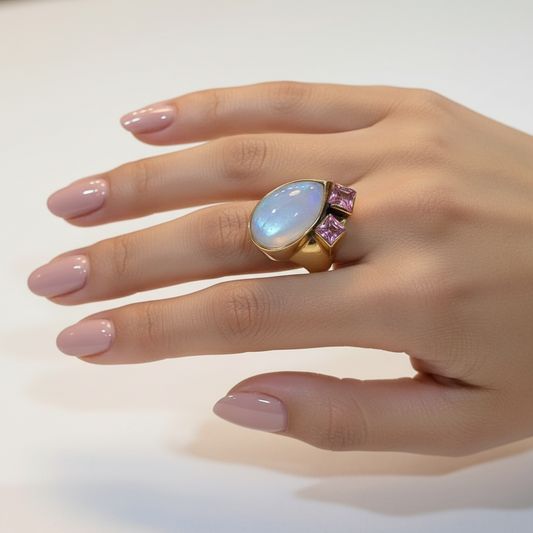 Ring in 18k Gold with Moonstone and Pink Tourmalines (B-38)