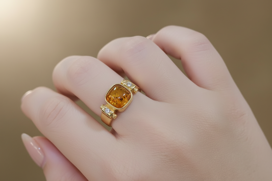 Ring in 18k Gold with red Amber and Brilliants (B-37)