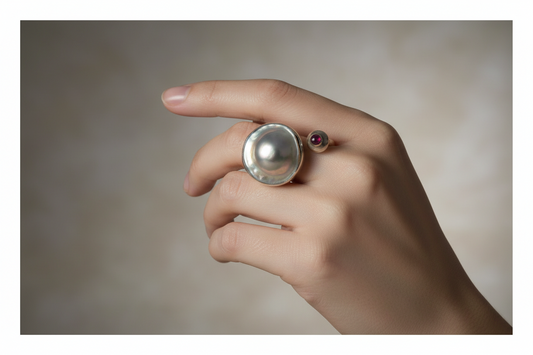 Hand wearing a silver ring with a large pearl and smaller gemstone on a neutral background