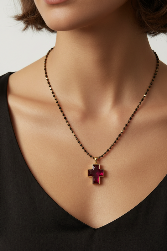 Ruby crystal cross 18k Gold with a 14k gold chain, one of a kind, Fine Cross Pendant, Handmade pendant, Greek Jewelry (PE-77)