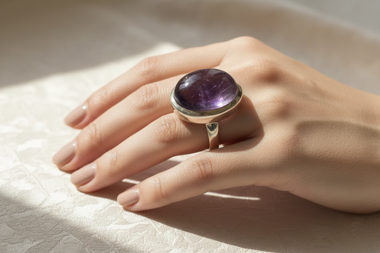 Silver ring with oval cabochon amethyst stone, Sterling silver ring, Vintage Jewelry, Handmade ring, Greek Jewelry (B-82)