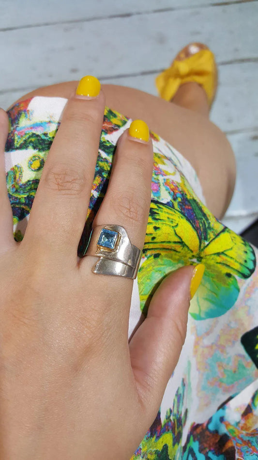 Sterling Silver Ring and Blue Topaz in 18 k. gold, Handmade Ring, Greek Jewelry, modern Ring, Handmade Ring, Greek Jewelry - Dinos-Virginia