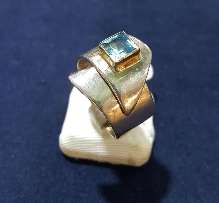 Sterling Silver Ring and Blue Topaz in 18 k. gold, Handmade Ring, Greek Jewelry, modern Ring, Handmade Ring, Greek Jewelry - Dinos-Virginia