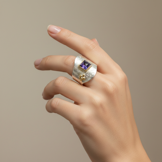 Sterling Silver Ring and Iolite Stone in 18 k. gold, modern Ring, Handmade Ring, Greek Jewelry (B-102)