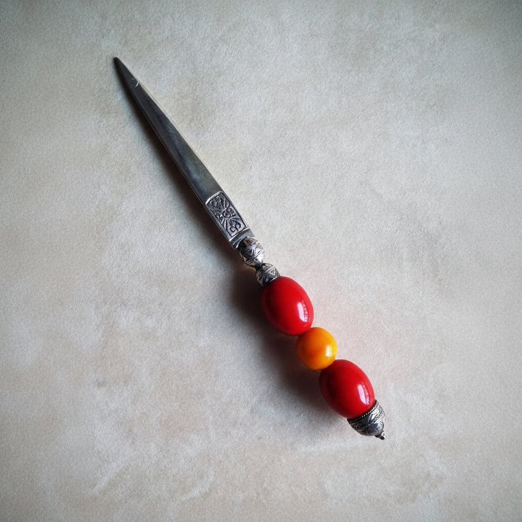 Paper Knife in sterling silver with red and yellow amber (DINVIR-10)