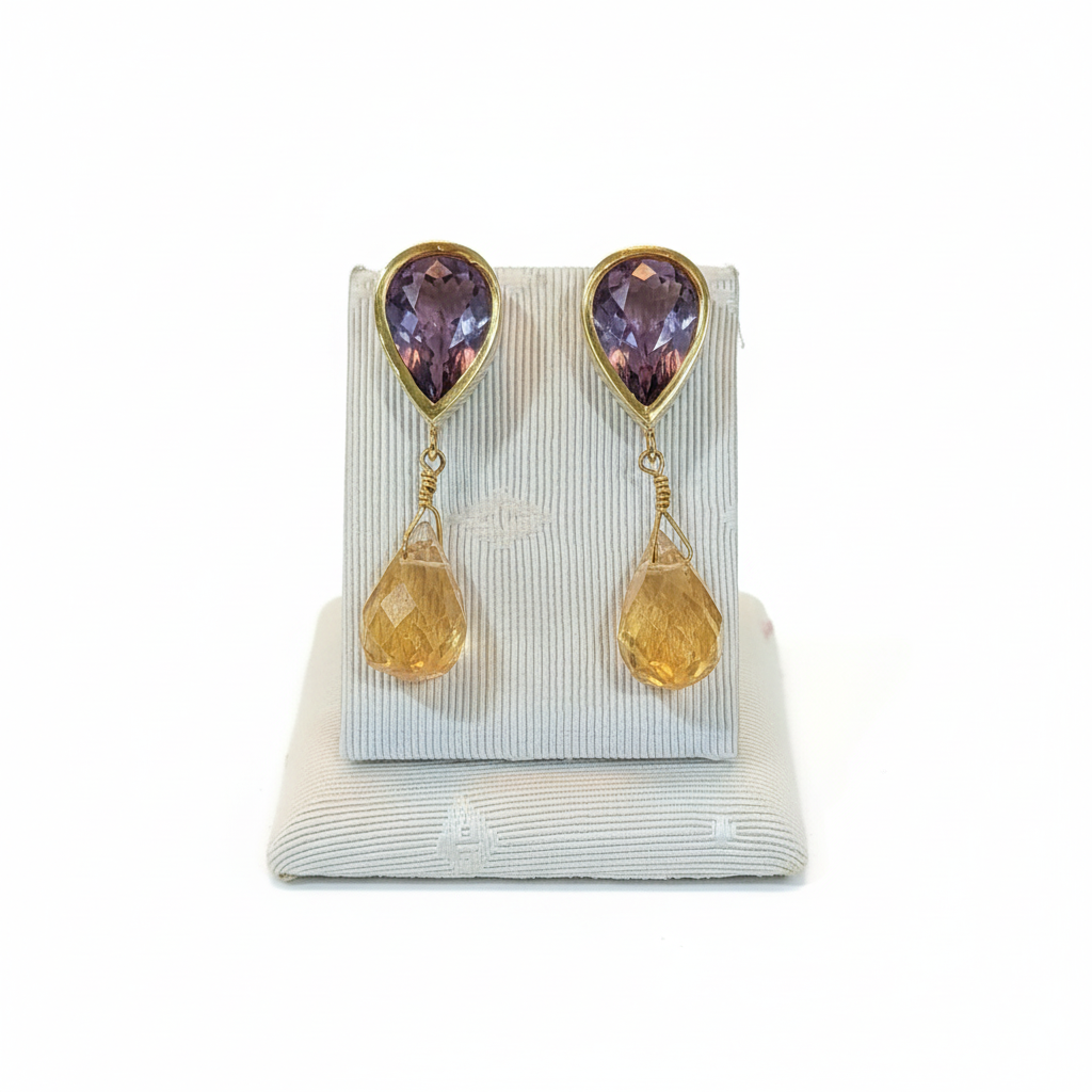 Amethyst & Citrine 18k gold earrings, one of a kind, Fine earrings, Handmade earrings, Greek Jewelry - Dinos Virginia Jewelry