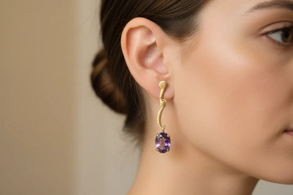 Amethyst oval faceted cutaneous 18k gold earrings, one of a kind, Fine earrings, Handmade earrings, Greek Jewelry