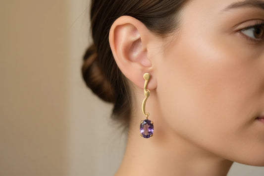 Amethyst oval faceted cutaneous 18k gold earrings, one of a kind, Fine earrings, Handmade earrings, Greek Jewelry
