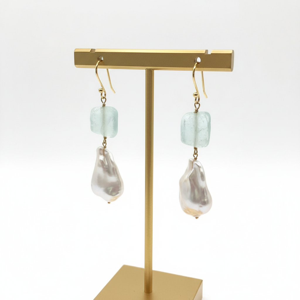 Aquamarine and barok pearl earrings, 14k gold earrings, Fine Earrings, Handmade Earrings, Greek Jewelry - Dinos Virginia Jewelry