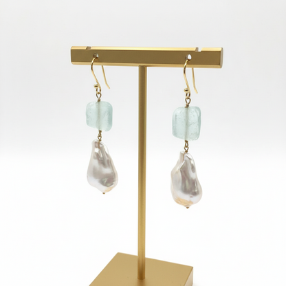Aquamarine and barok pearl earrings, 14k gold earrings, Fine Earrings, Handmade Earrings, Greek Jewelry - Dinos Virginia Jewelry