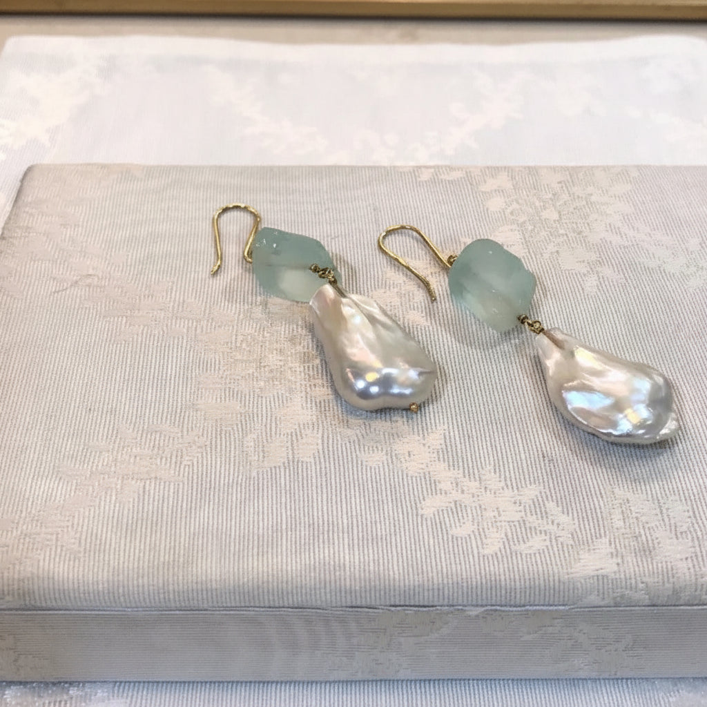 Aquamarine and barok pearl earrings, 14k gold earrings, Fine Earrings, Handmade Earrings, Greek Jewelry - Dinos-Virginia