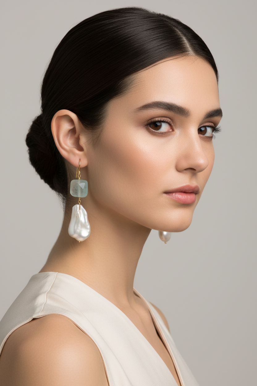 Aquamarine and barok pearl earrings, 14k gold earrings, Fine Earrings, Handmade Earrings, Greek Jewelry (AG-07)