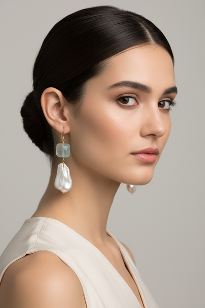 Aquamarine and barok pearl earrings, 14k gold earrings, Fine Earrings, Handmade Earrings, Greek Jewelry (AG-07)
