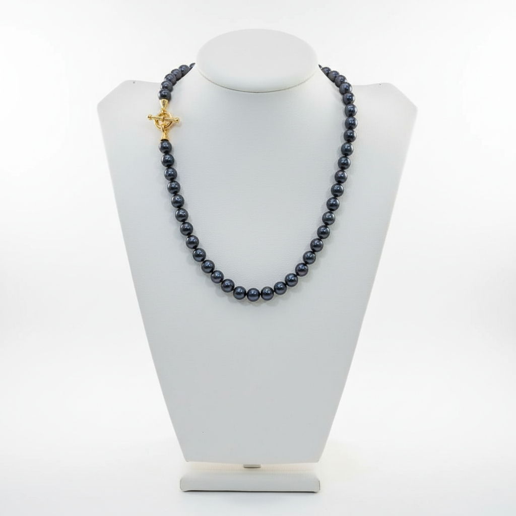 Black Pearl Necklace with gold 18k elements (PE-82)
