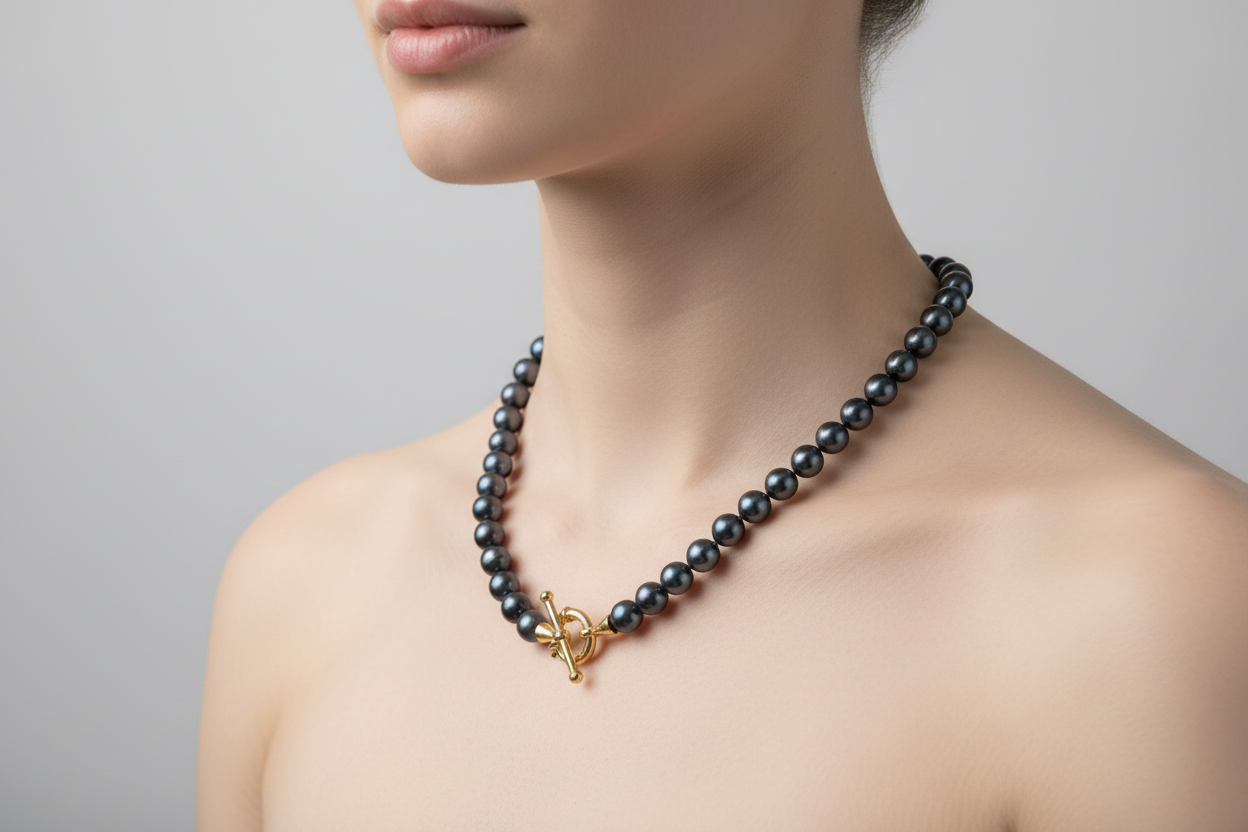 Black Pearl Necklace with gold 18k elements (PE-82)