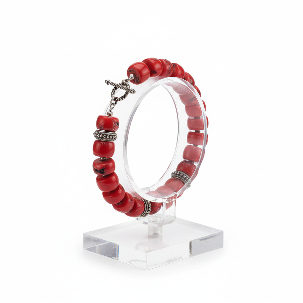 Bracelet with Coral Stones and Silver Elements (C-05)