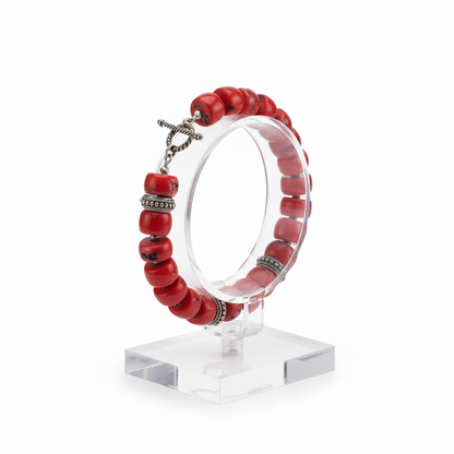 Bracelet with Coral Stones and Silver Elements (C-05)
