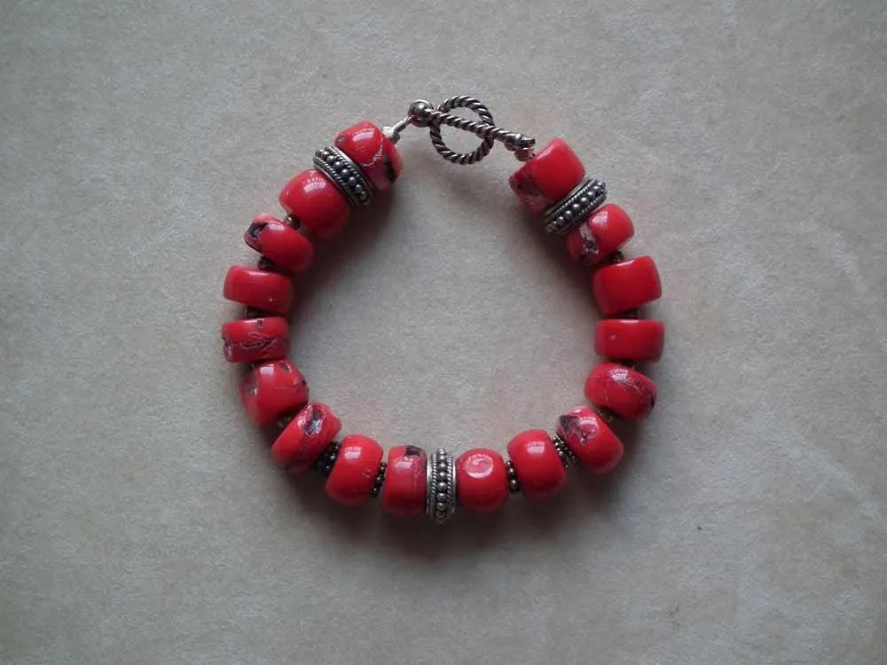 Bracelet with Coral Stones and Silver Elements (C-05) - Dinos-Virginia