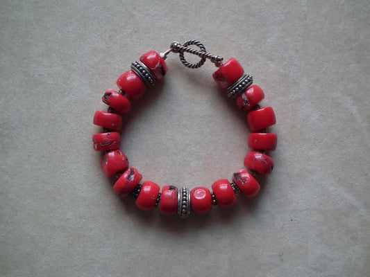 Bracelet with Coral Stones and Silver Elements (C-05) - Dinos-Virginia