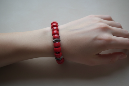 Bracelet with Coral Stones and Silver Elements (C-05)