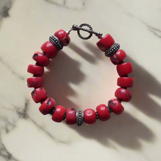 Bracelet with Coral Stones and Silver Elements (C-05) - Dinos-Virginia