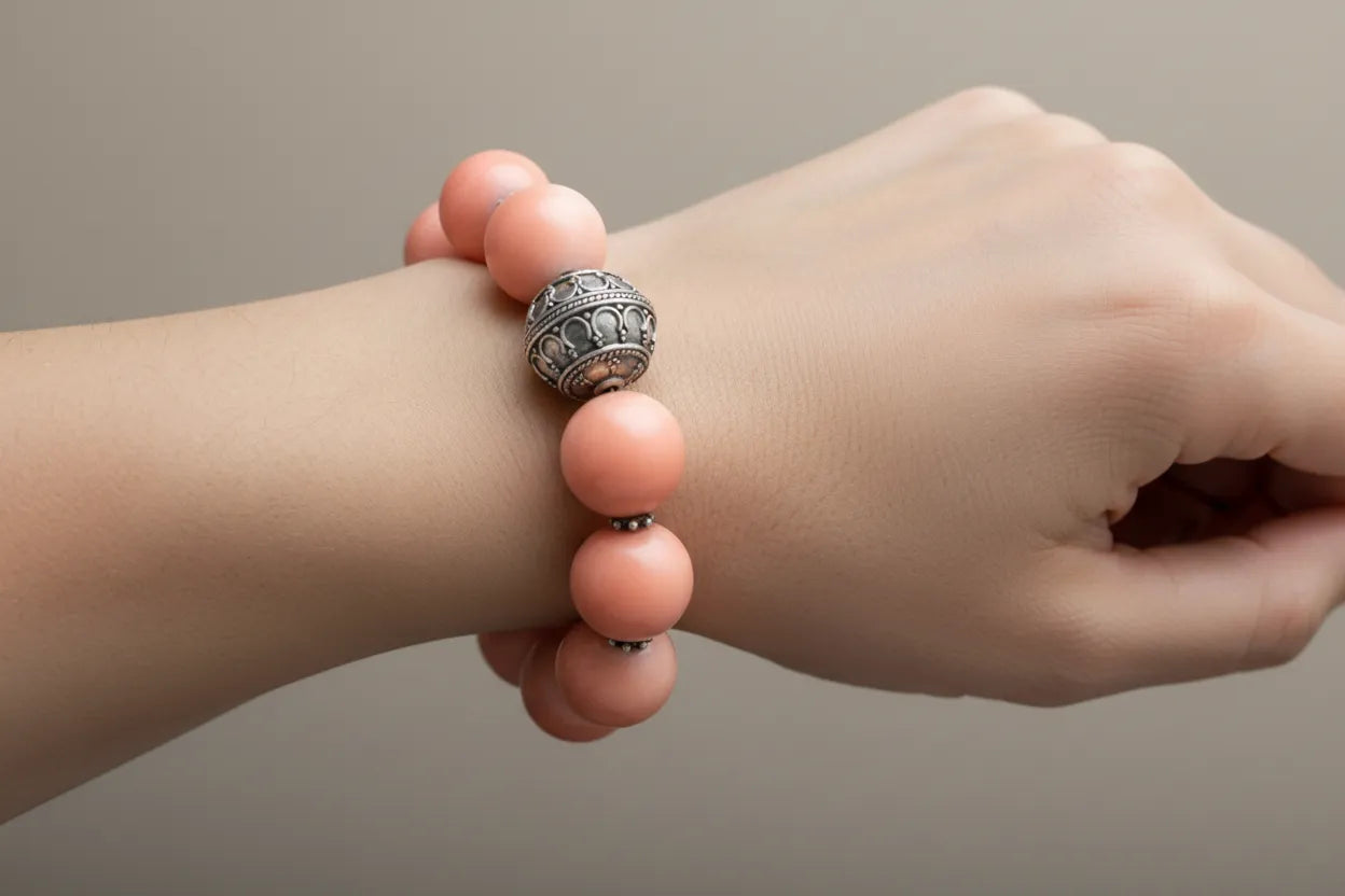 Bracelet with Pink Coral Stones (Angel Skin) and Silver Elements (C-04)