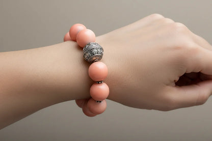 Bracelet with Pink Coral Stones (Angel Skin) and Silver Elements (C-04)