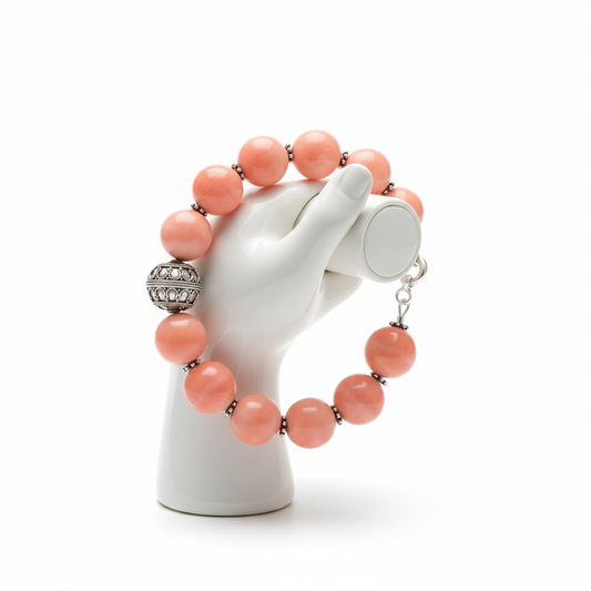 Bracelet with Pink Coral Stones (Angel Skin) and Silver Elements (C-04)