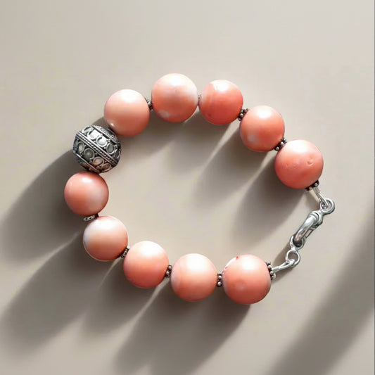 Bracelet with Pink Coral Stones (Angel Skin) and Silver Elements (C-04)