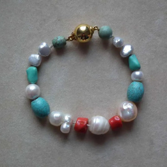 Bracelet with turquoise corals and pearls and gold plated clasp (C-06) - Dinos-Virginia