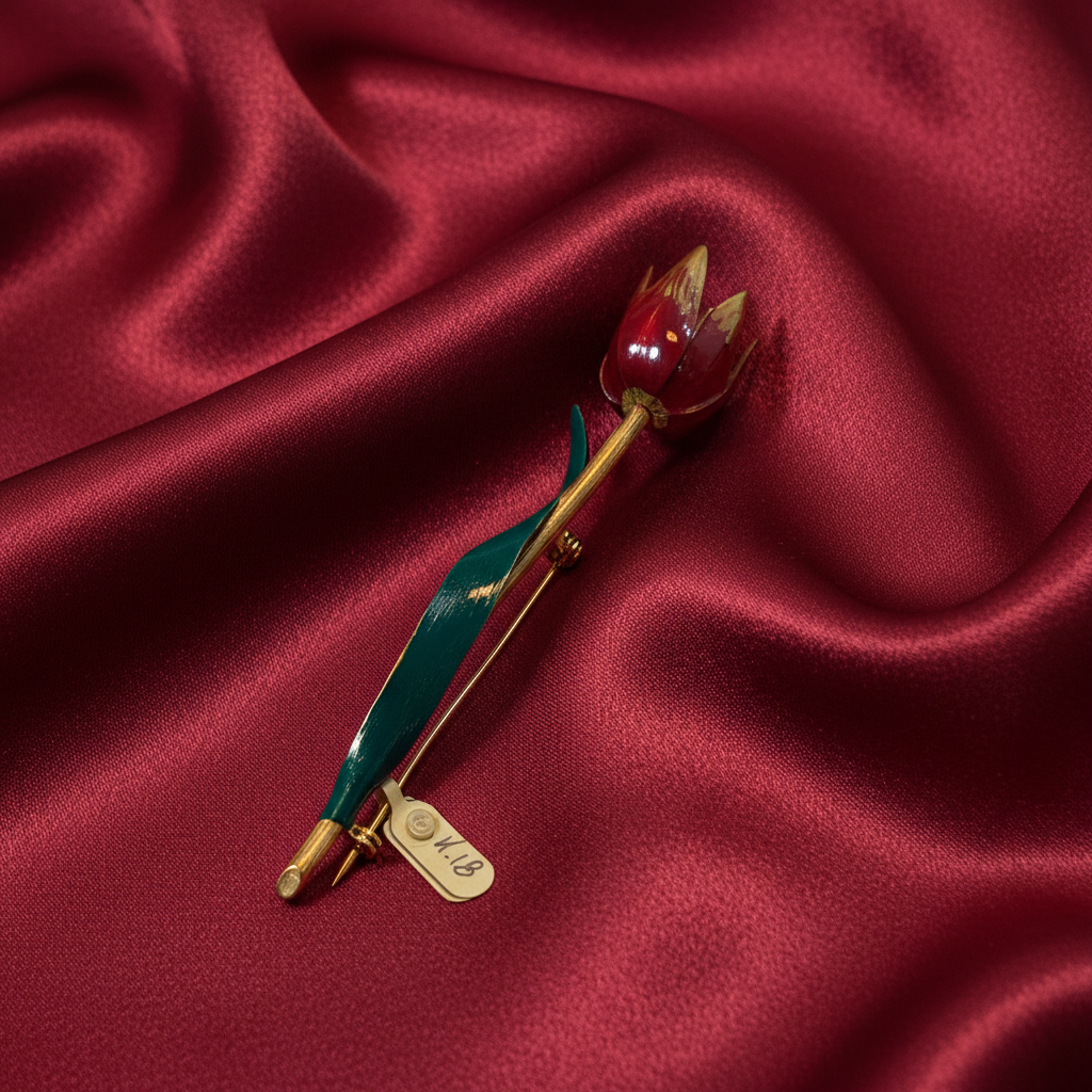 Brooch in 18k gold, tulip brooch, enamel hand painted - Dinos Virginia Jewelry