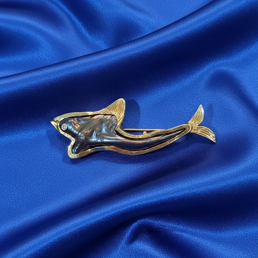 Brooch in 18k gold with Black Ostrich Tahitian pearl, fish design brooch - Dinos Virginia Jewelry