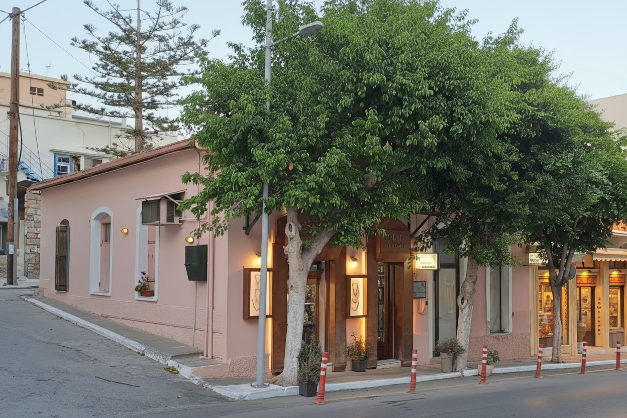 Street scene with a pink building, parked cars, and people walking on a sidewalk.