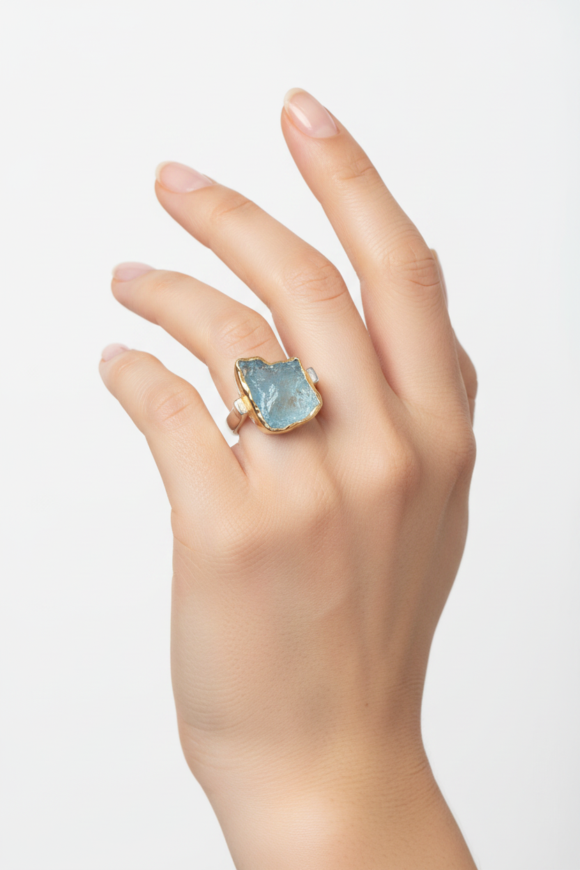 Ring in Gold and silver with a raw blue topaz stone (B-85)
