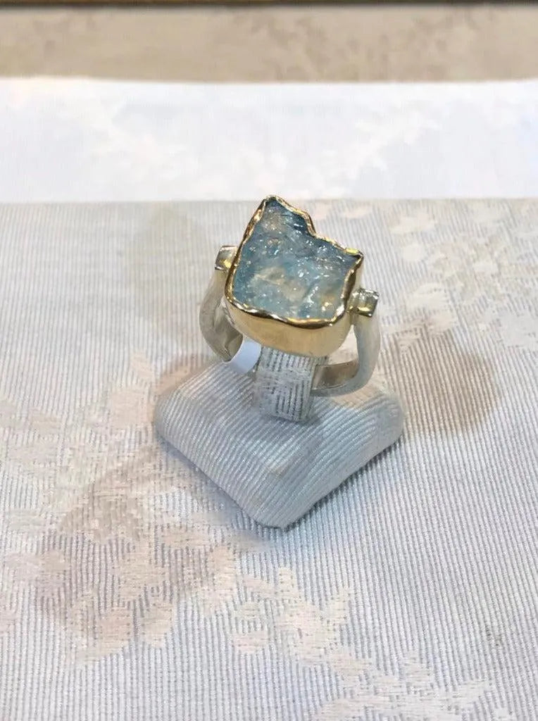 Gold and silver ring with a raw blue topaz stone, Sterling silver ring, Vintage Jewelry, Handmade ring, Greek Jewelry - Dinos-Virginia