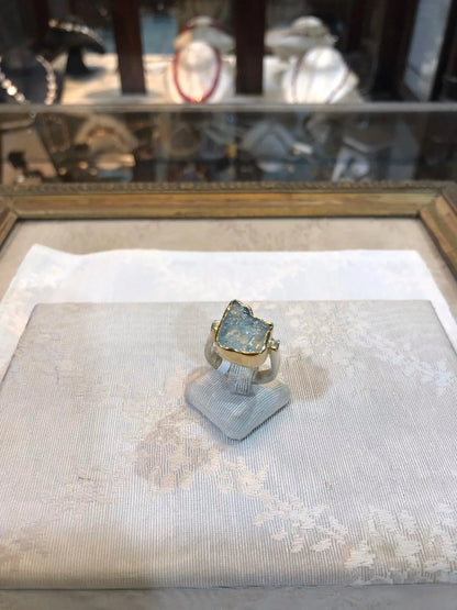 Gold and silver ring with a raw blue topaz stone, Sterling silver ring, Vintage Jewelry, Handmade ring, Greek Jewelry - Dinos-Virginia
