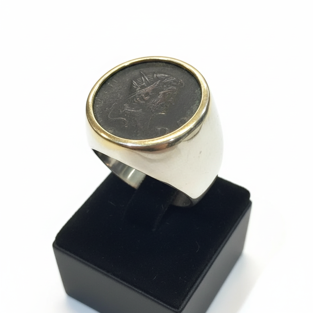 Gold and silver ring with an old copper coin Greek Roman, Handmade Ring, Vintage Jewelry, Greek Jewelry (B-86)