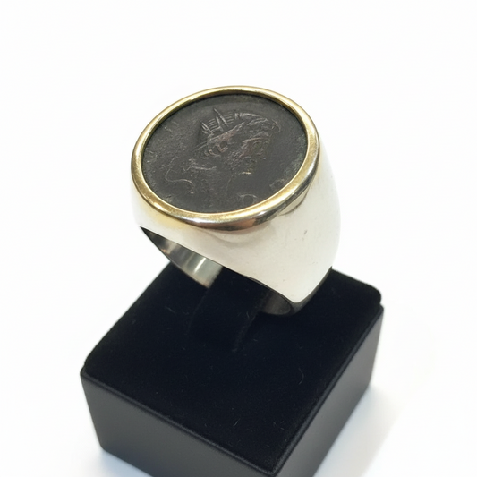 Gold and silver ring with an old copper coin Greek Roman, Handmade Ring, Vintage Jewelry, Greek Jewelry (B-86)