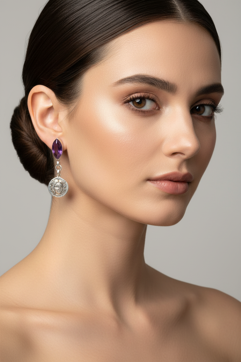 Woman wearing a purple earring with a gray background