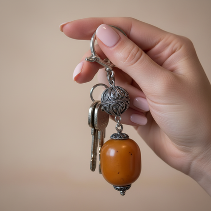 Keychain in sterling silver with authentic vintage yellow amber
