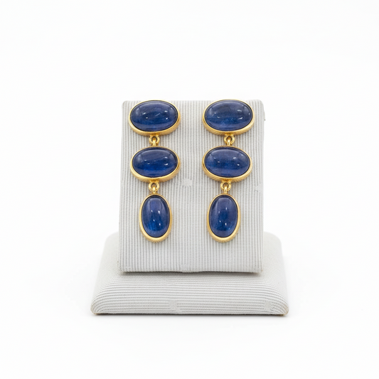Kyanite oval cabochon stones and 18k gold earrings, one of a kind, Fine earrings, Handmade earrings, Greek Jewelry - Dinos Virginia Jewelry